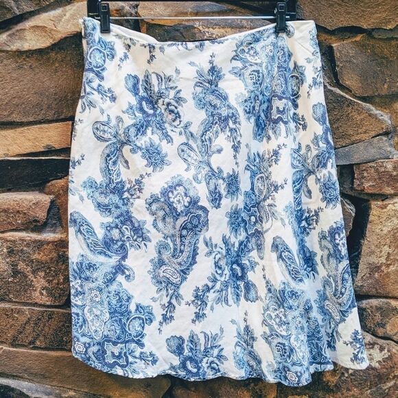 LIZ & CO Blue Paisley Linen Skirt 12 - Picture 1 of 6